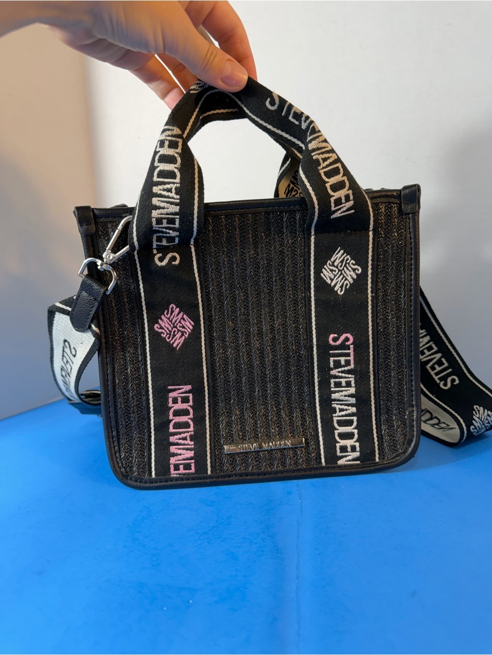 Steve Madden Black Crossbody Bag with Pink & White Logo Straps